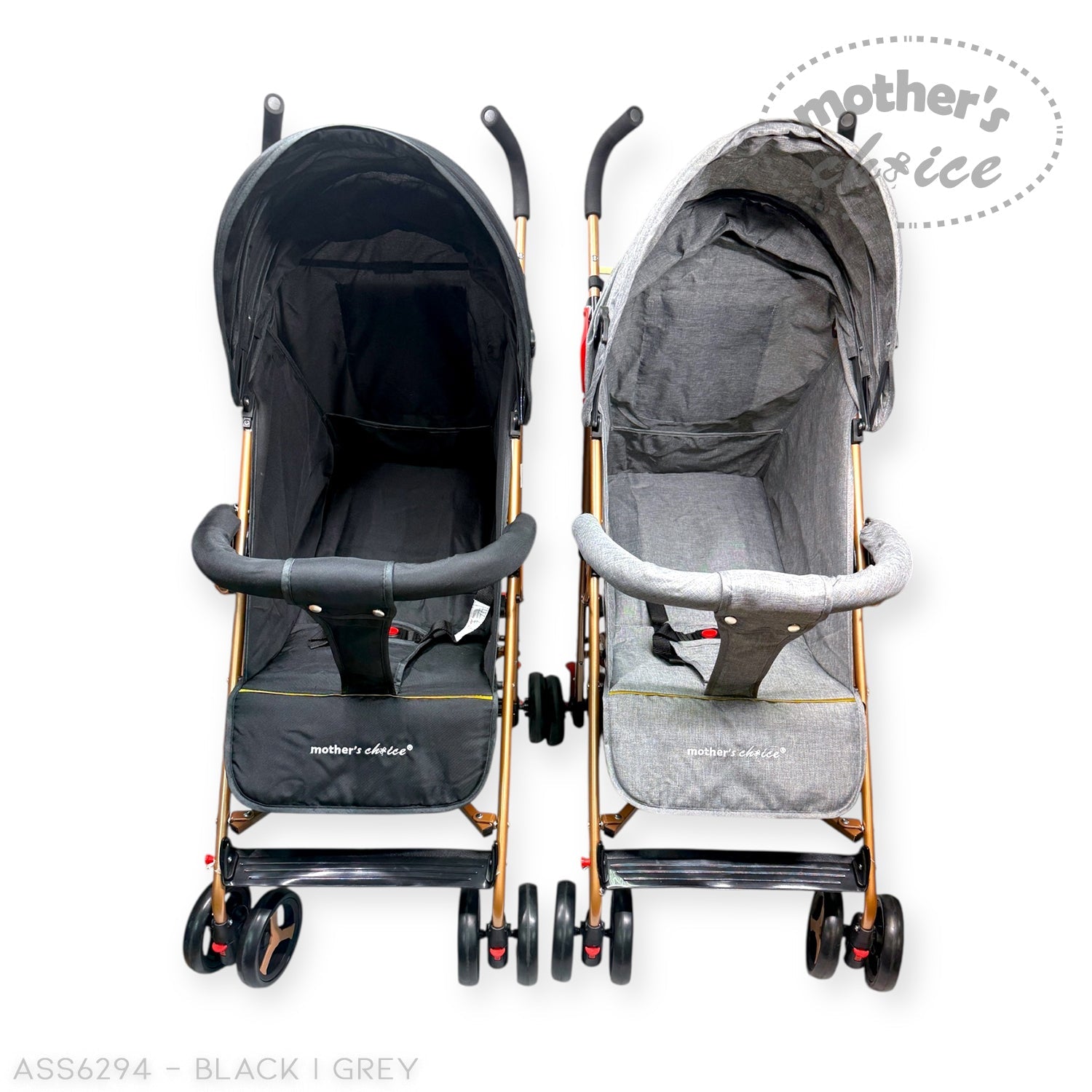 Two baby strollers, one black and one gray, on a white background with 'Mother's Choice' branding.