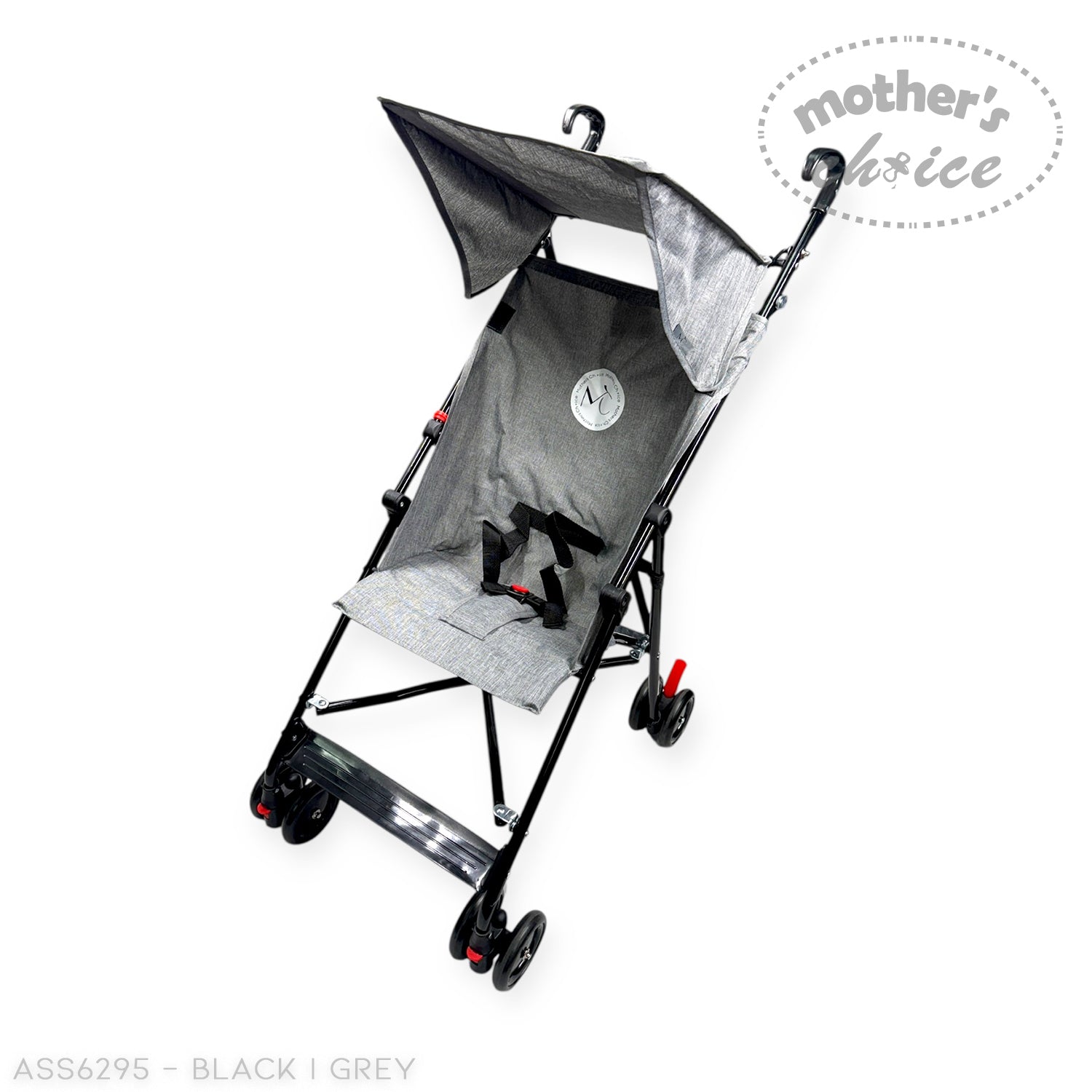 Black and gray stroller with canopy on a white background, featuring 'mother's choice' branding.