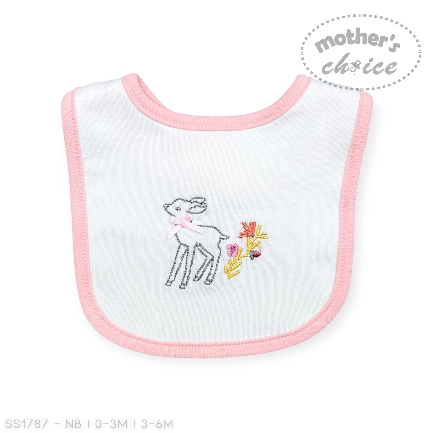 Baby bib with deer and floral design on a white background, branded 'Mother's Choice'.