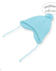 Light blue knitted baby hat with a pom-pom on a white background, branded 'Mother's Choice'.