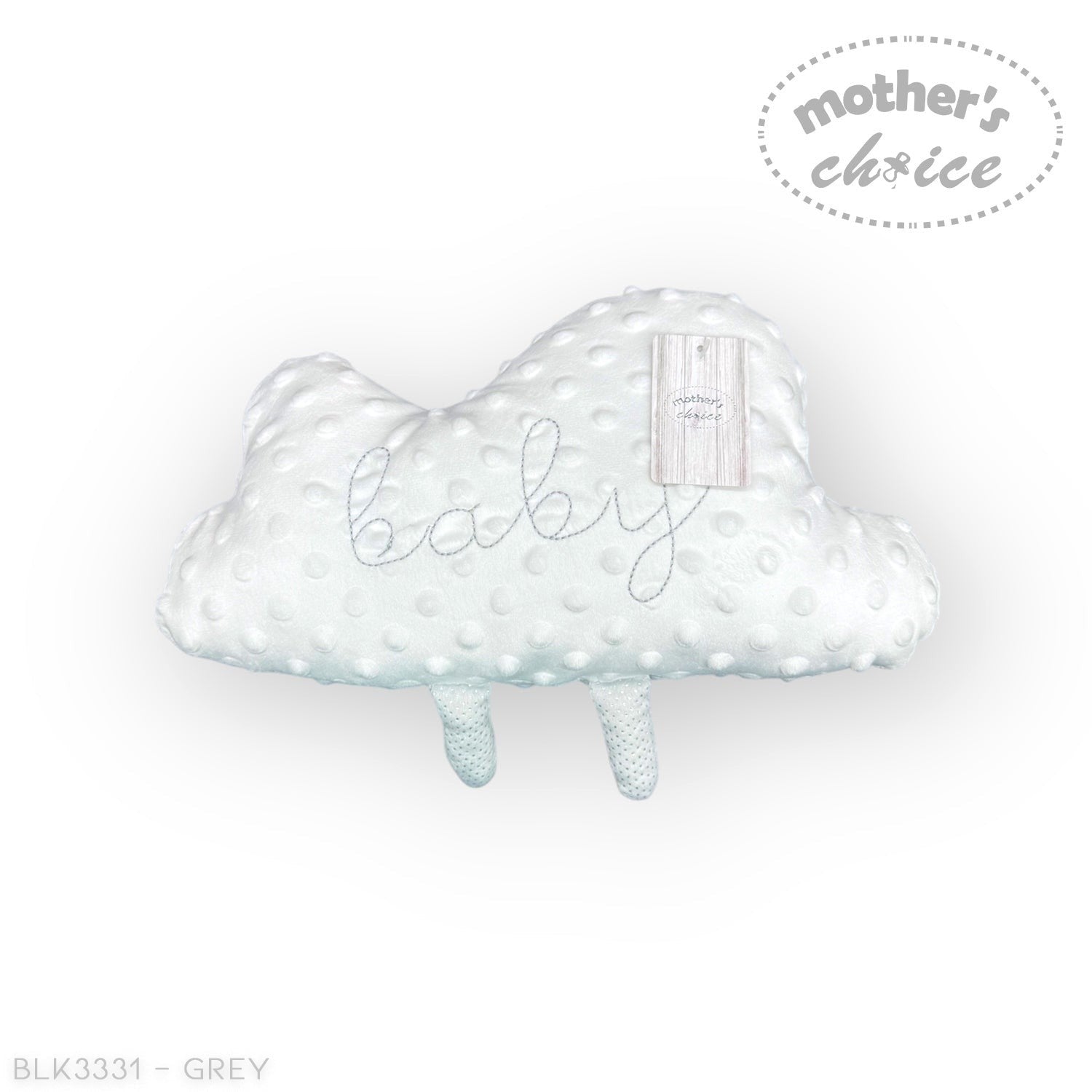 Gray cloud-shaped pillow with 'baby' text on a white background
