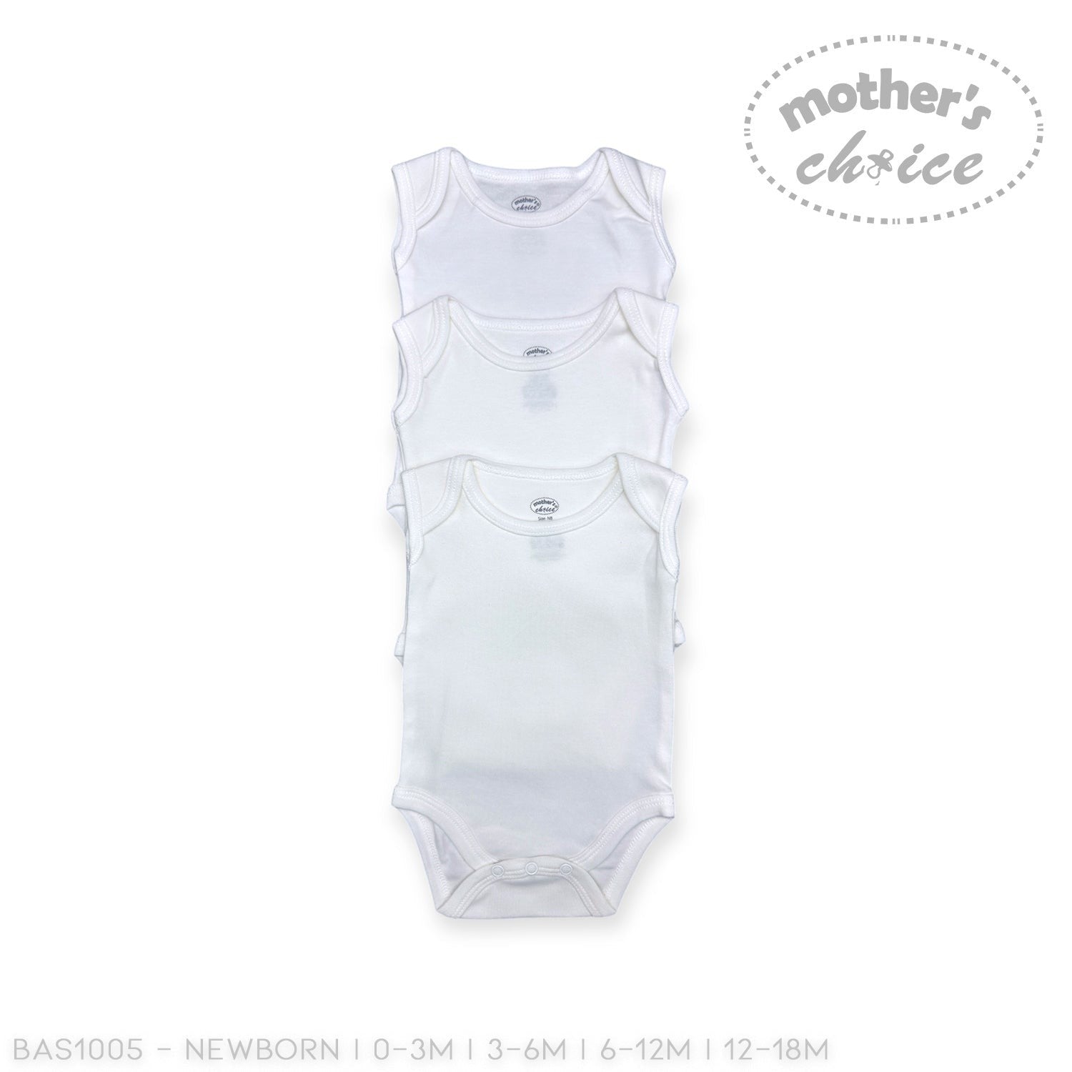 Set of white baby bodysuits with 'Mother's Choice' branding on a white background