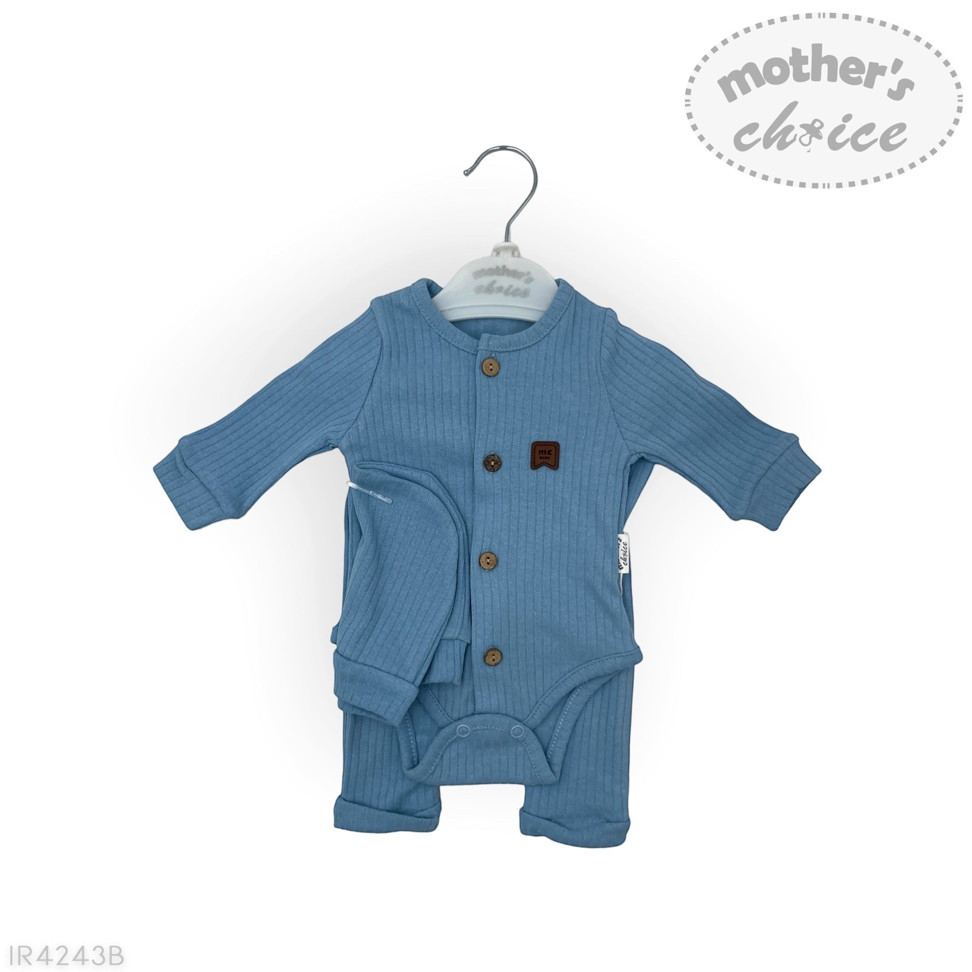 Blue baby romper with buttons on a hanger against a white background, featuring 'mother's choice' branding.