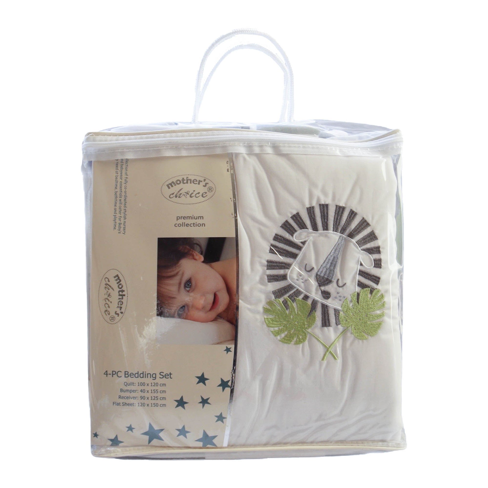 Packaged 4-piece bedding set with 'Mother's Choice' branding on a white background