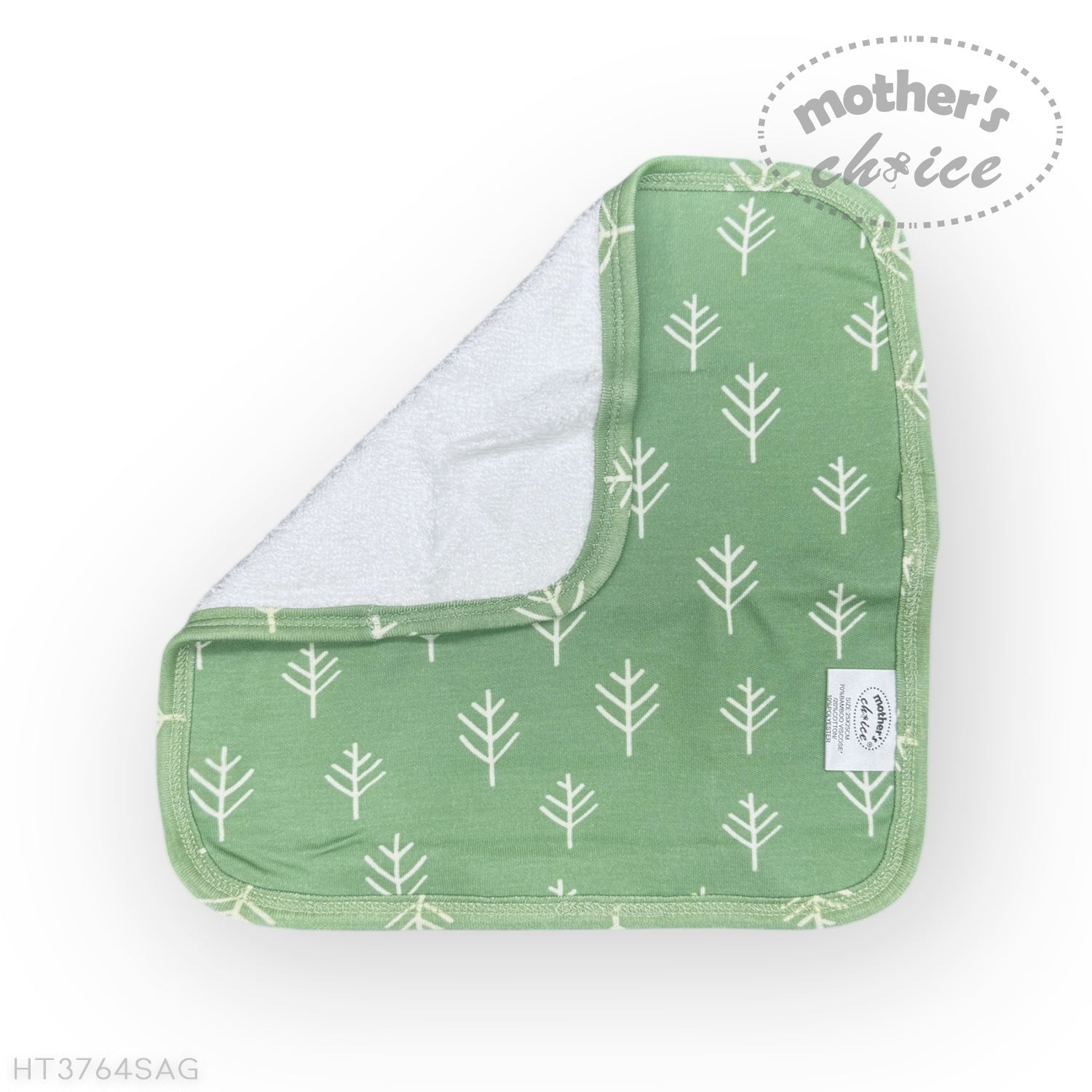 Green baby blanket with white tree pattern on a white background, featuring 'mother's choice' branding.