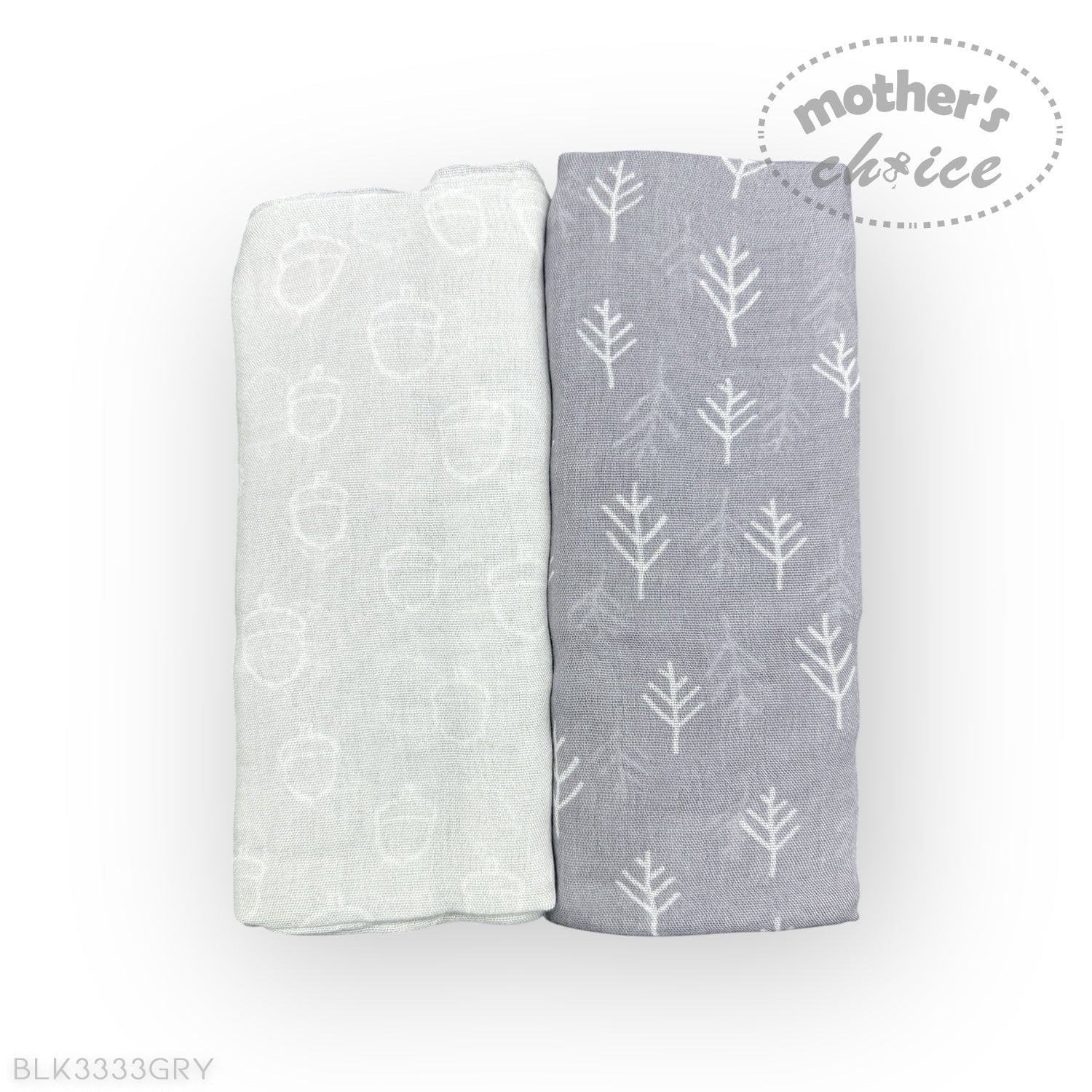Two baby blankets, one white and one gray with tree pattern, on a white background.