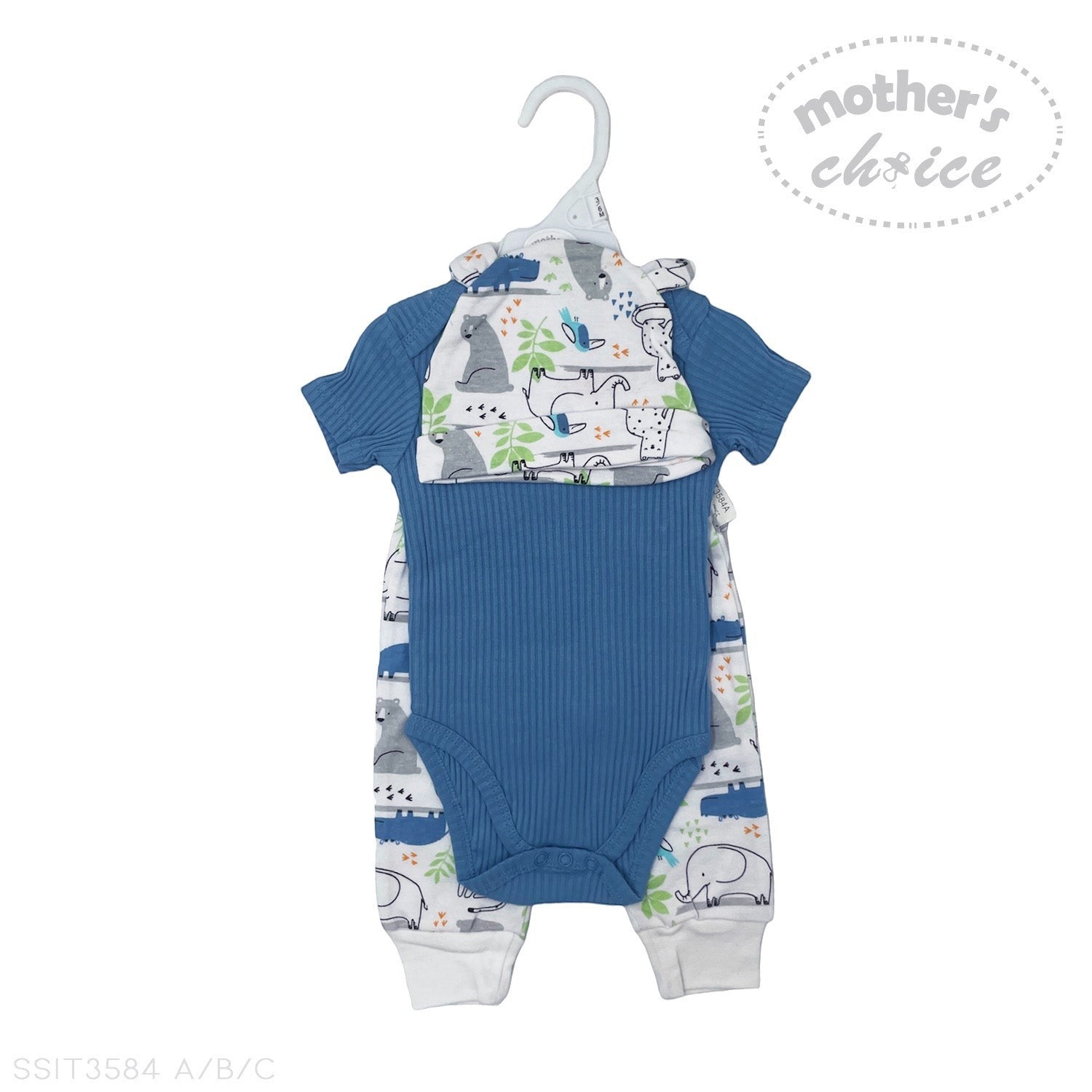 Blue baby romper with animal pattern on a hanger against a white background, featuring 'Mother's Choice' branding.
