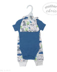 Blue baby romper with animal pattern on a hanger against a white background, featuring 'Mother's Choice' branding.
