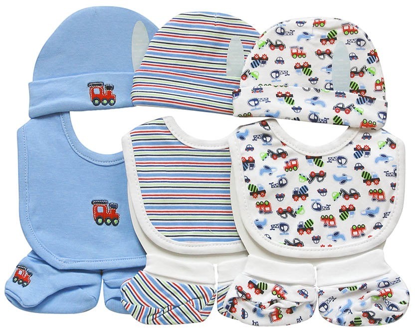 Collection of baby clothing items including hats, bibs, and pants with vehicle patterns on a white background.