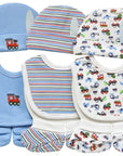 Collection of baby clothing items including hats, bibs, and pants with vehicle patterns on a white background.