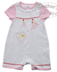 Baby romper with pink accents and floral design on a white background