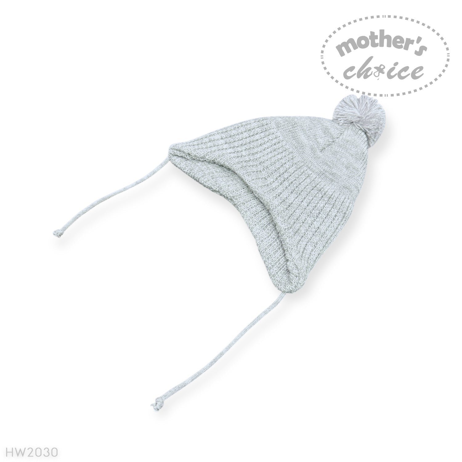 Knitted baby hat with pom-pom on a white background, branded 'Mother's Choice'.