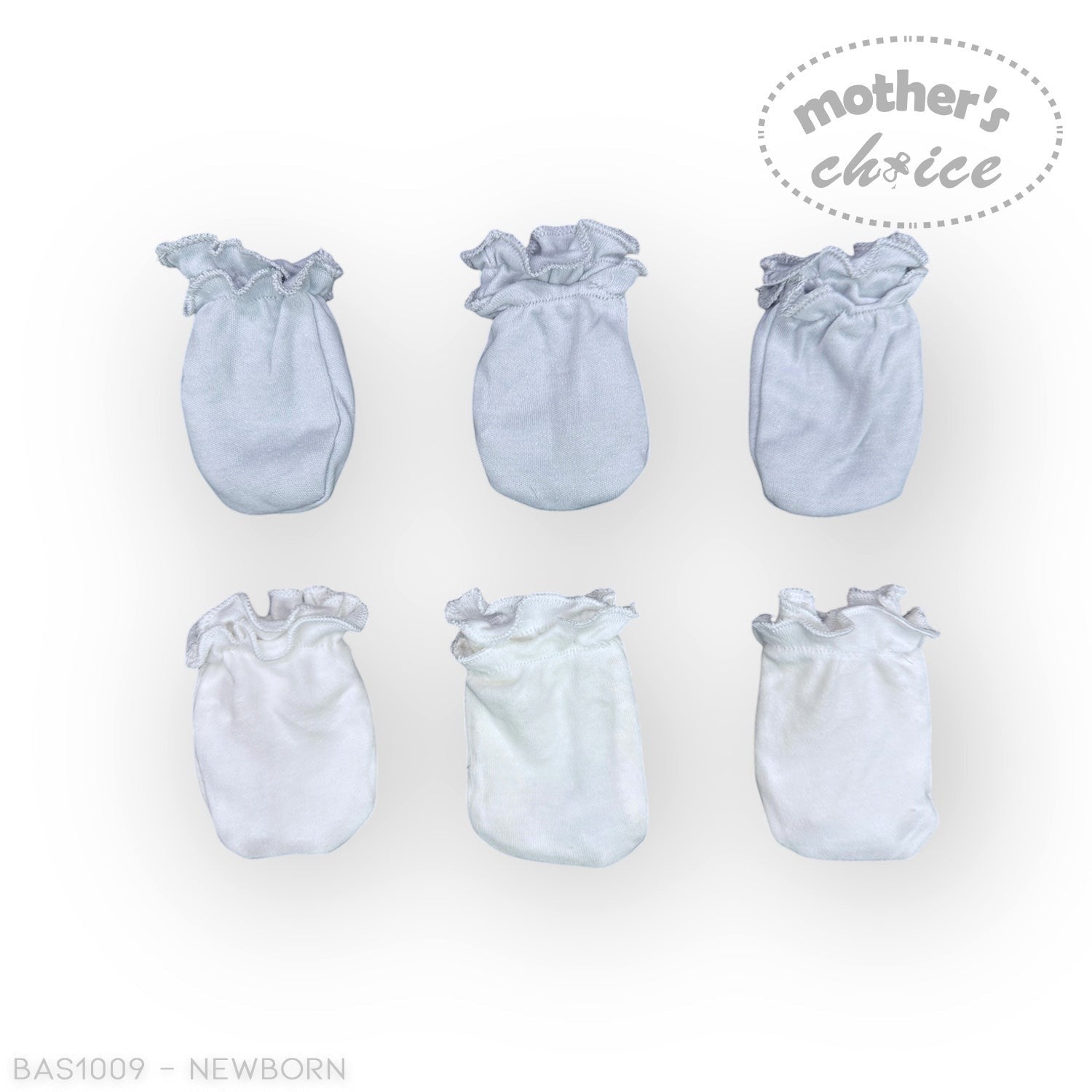 Set of six light blue baby booties with ruffled top on a white background, branded 'Mother's Choice'.