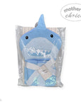Blue shark-shaped hooded towel in packaging with 'Mother's Choice' branding.