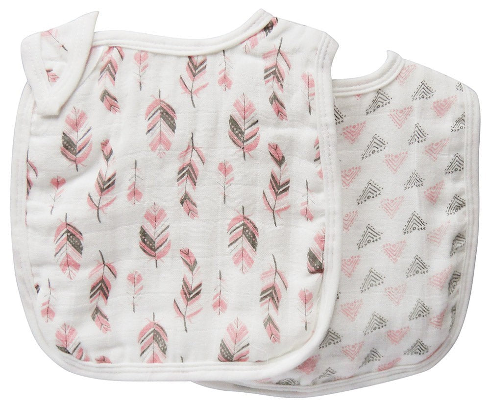 Baby bib with pink and gray leaf pattern on a white background