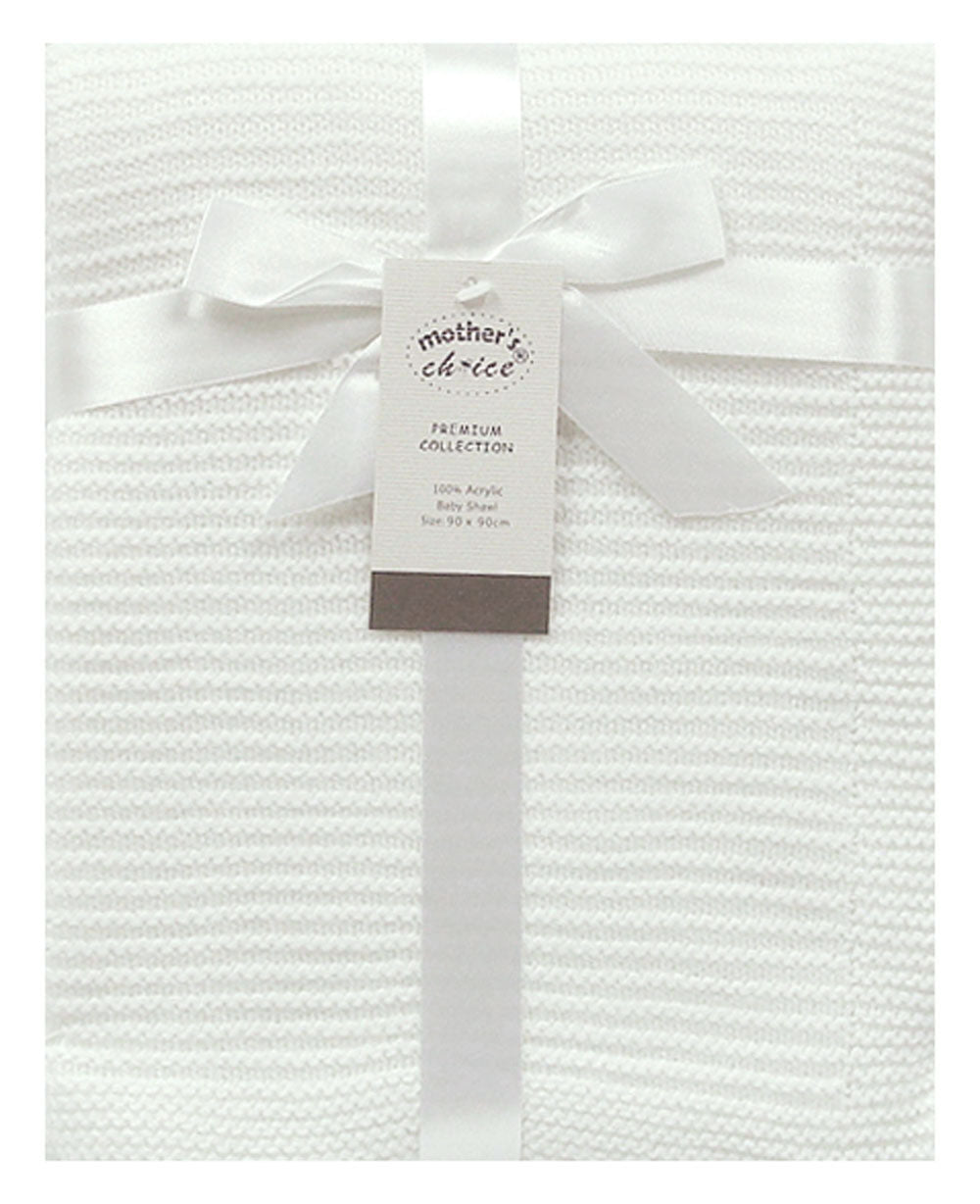 White textured blanket with a ribbon and 'Mother's Choice' tag on a white background