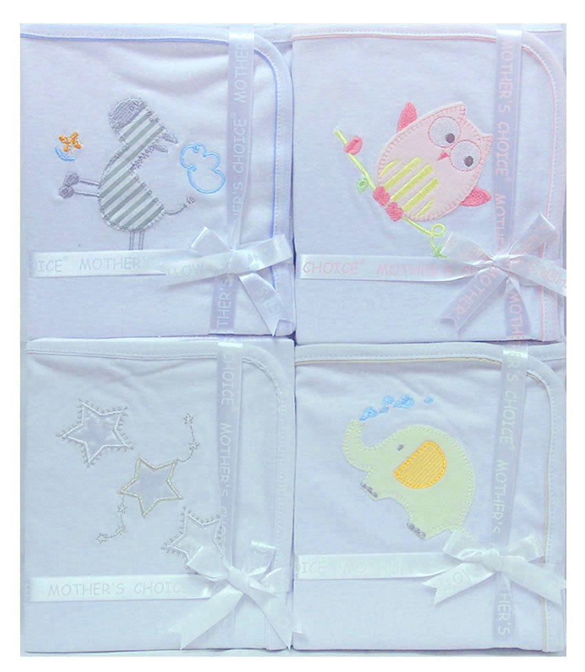 Set of baby blankets with embroidered animals on a white background
