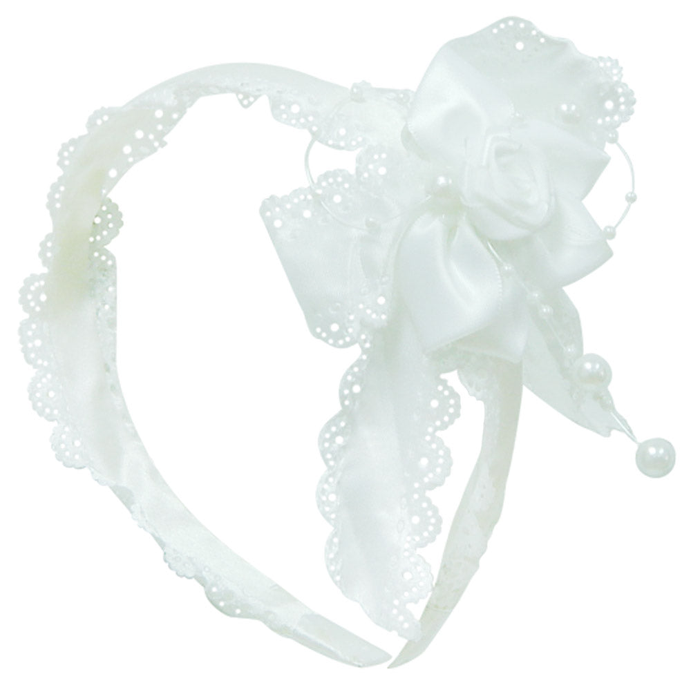 Mothers Choice Girls Alice Band White Satin With Bow And Rose