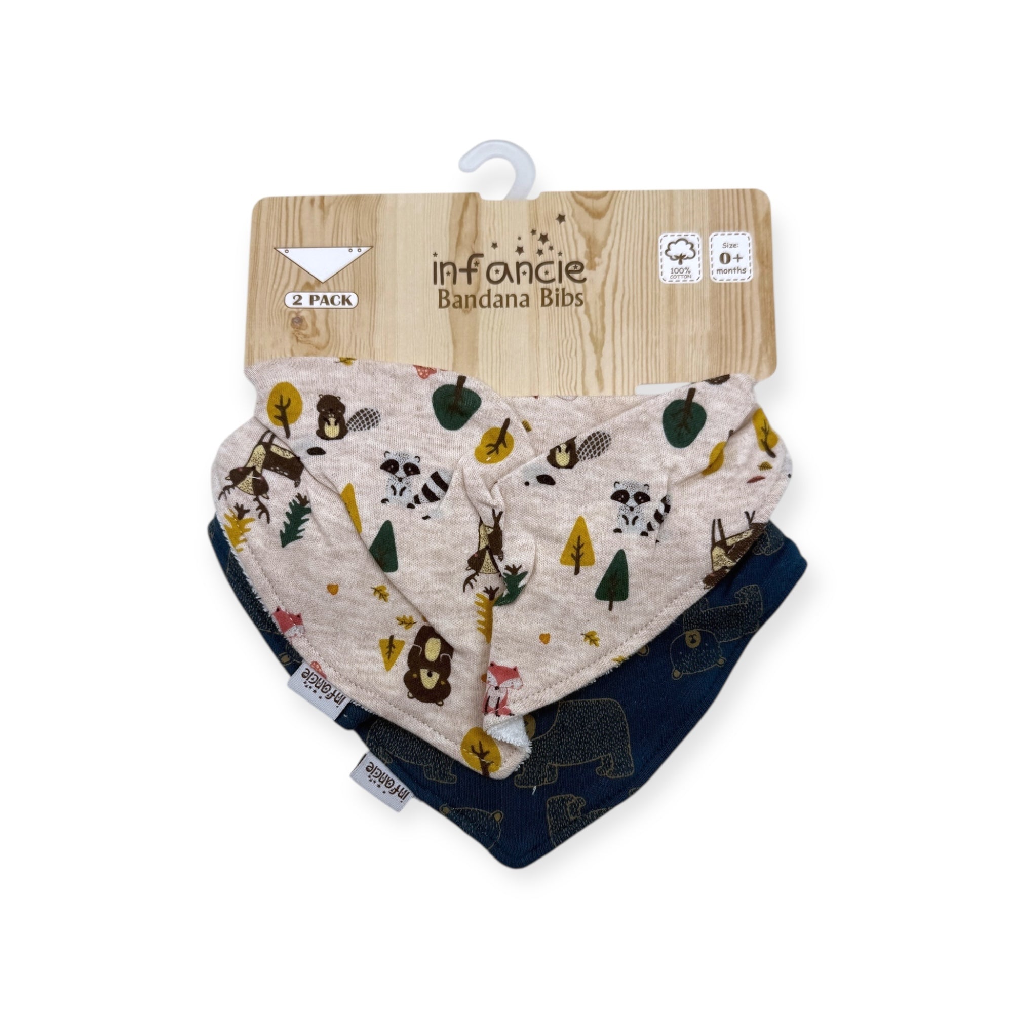Two baby bandana bibs with animal prints in a wooden packaging on a white background