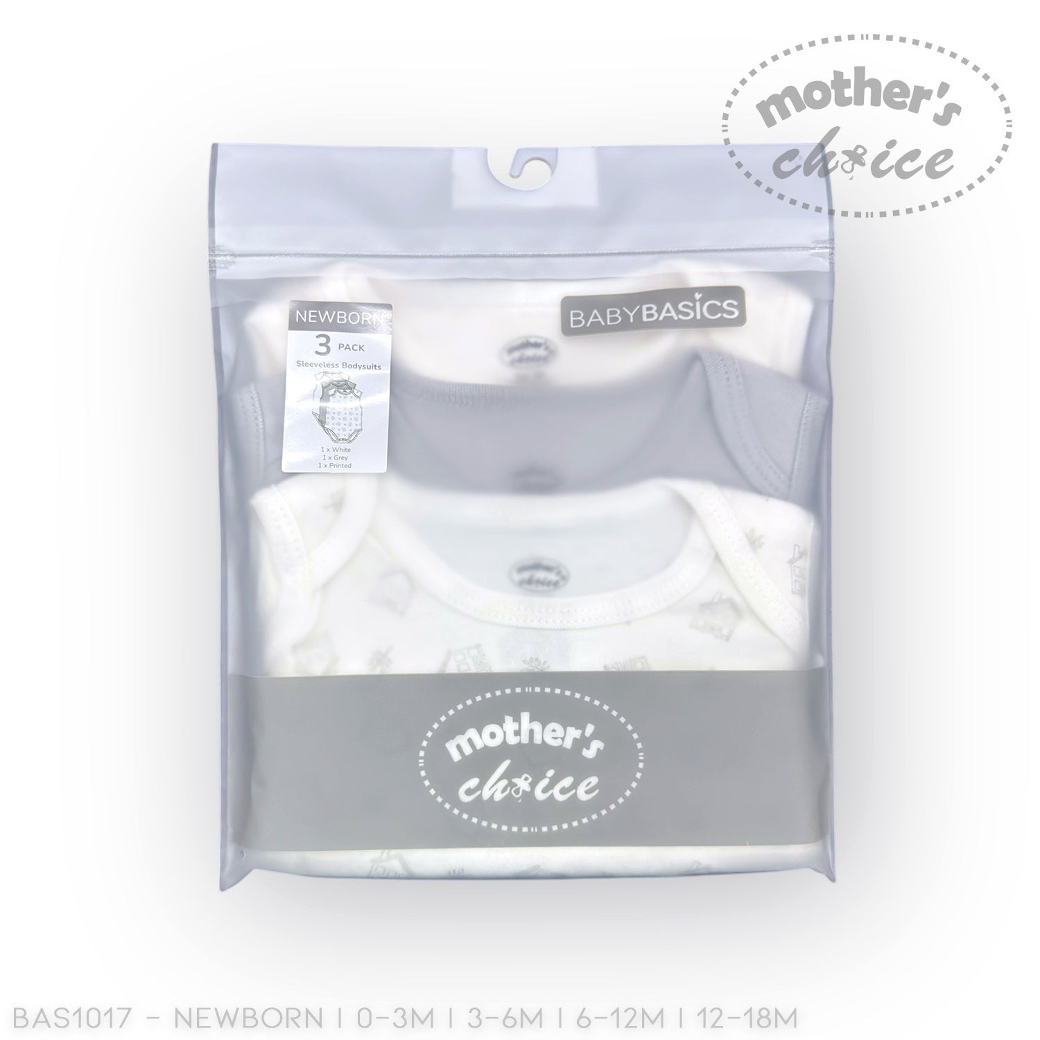 Packaged baby clothes with 'mother's choice' branding on a white background