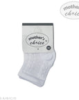 White baby socks with 'mother's choice' packaging on a white background