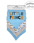 Packaged baby bandana bibs with 'Little Prince' text and animal pattern on a white background.
