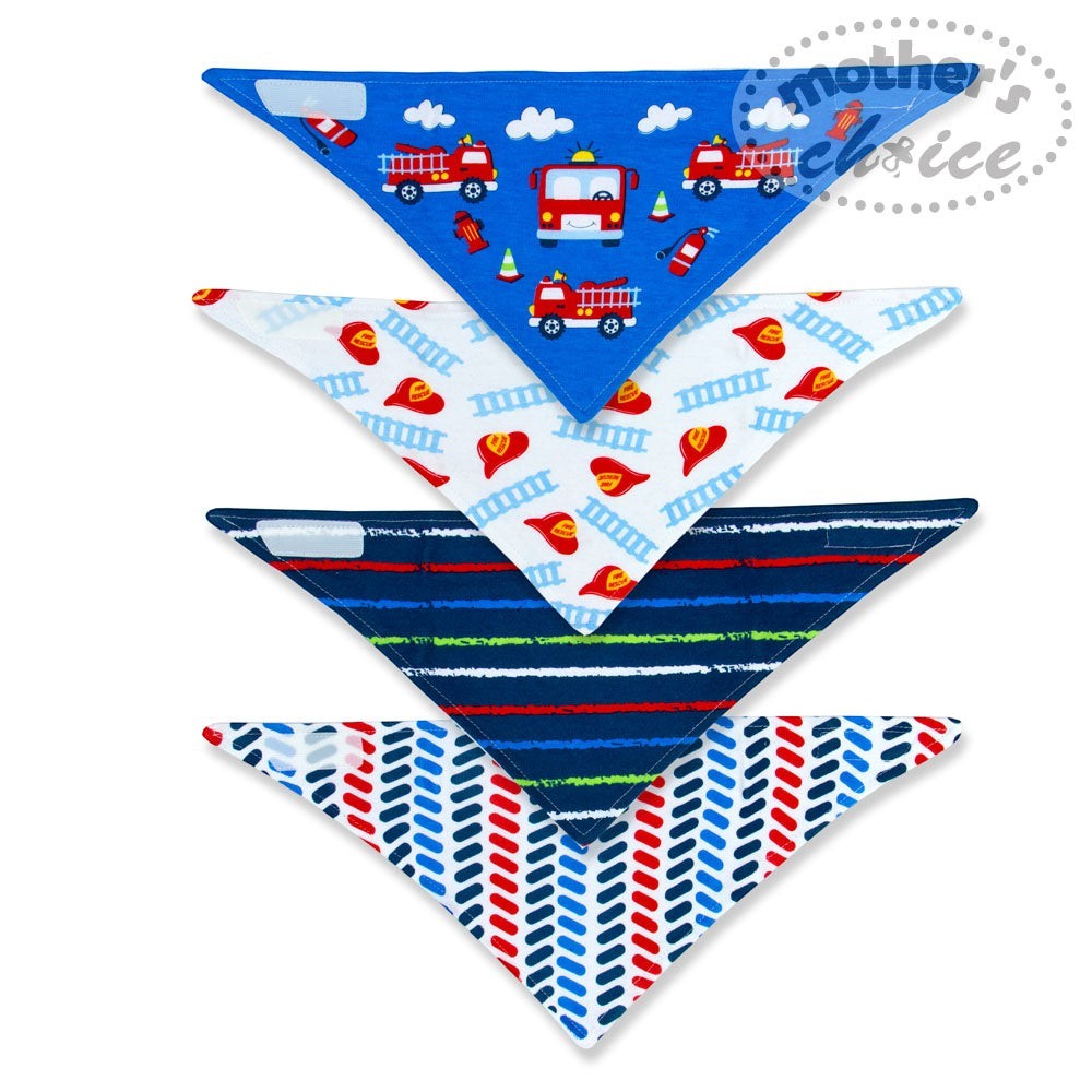 Four triangular bandanas with different patterns on a white background, featuring fire trucks and other designs.