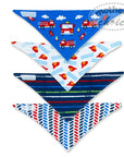 Four triangular bandanas with different patterns on a white background, featuring fire trucks and other designs.