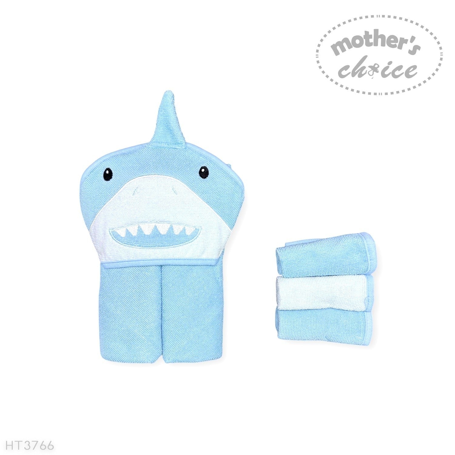 Blue shark-shaped hooded towel with matching blanket on a white background, branded 'Mother's Choice'.