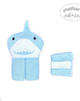 Blue shark-shaped hooded towel with matching blanket on a white background, branded 'Mother's Choice'.