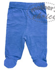 Blue baby pants with footies on a white background, branded 'Mother's Choice'.