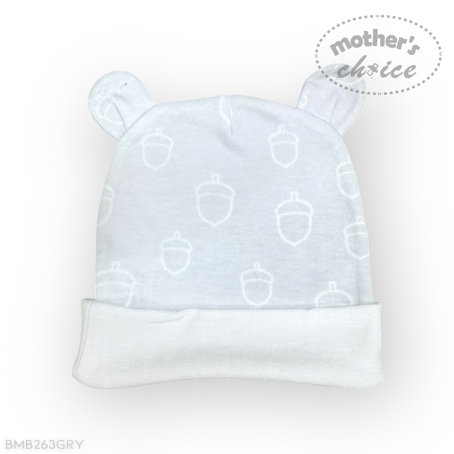 White baby hat with bear ears and acorn pattern on a white background, branded 'Mother's Choice'.