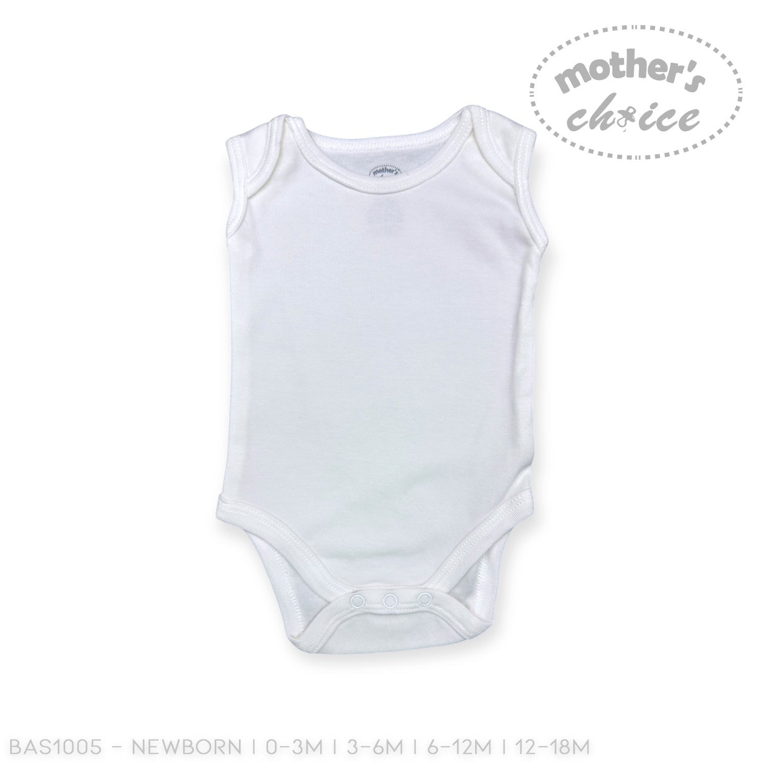 White baby bodysuit with 'Mother's Choice' branding on a white background