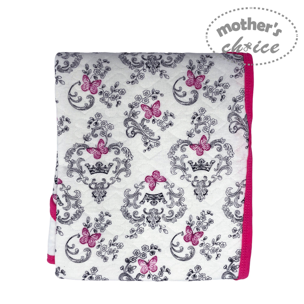 Baby blanket with damask pattern and pink butterflies on a white background, branded 'Mother's Choice'.