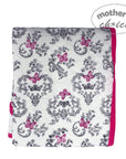 Baby blanket with damask pattern and pink butterflies on a white background, branded 'Mother's Choice'.