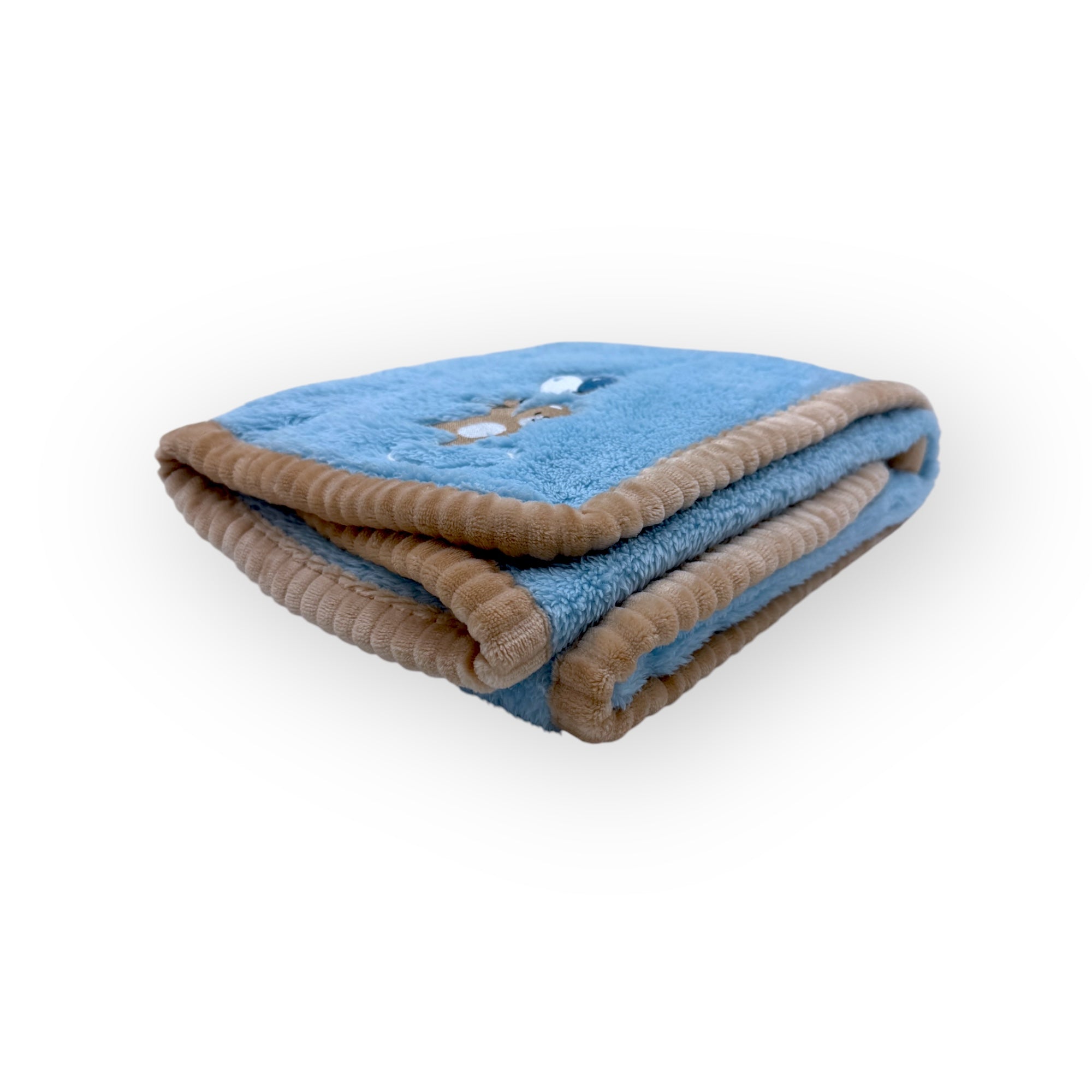 Folded blue blanket with brown trim on a white background