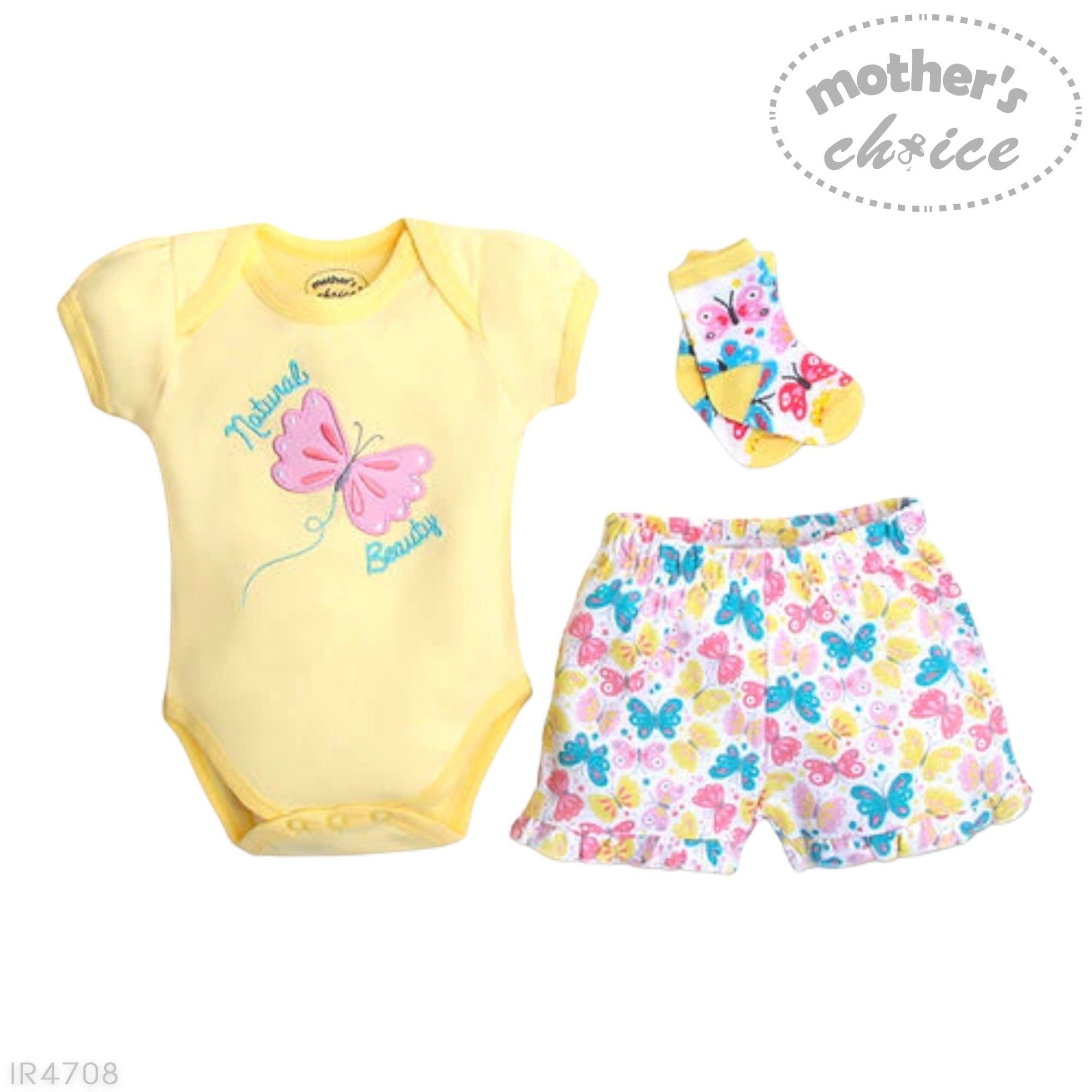 Baby outfit set with yellow onesie, floral shorts, and headband on a white background.