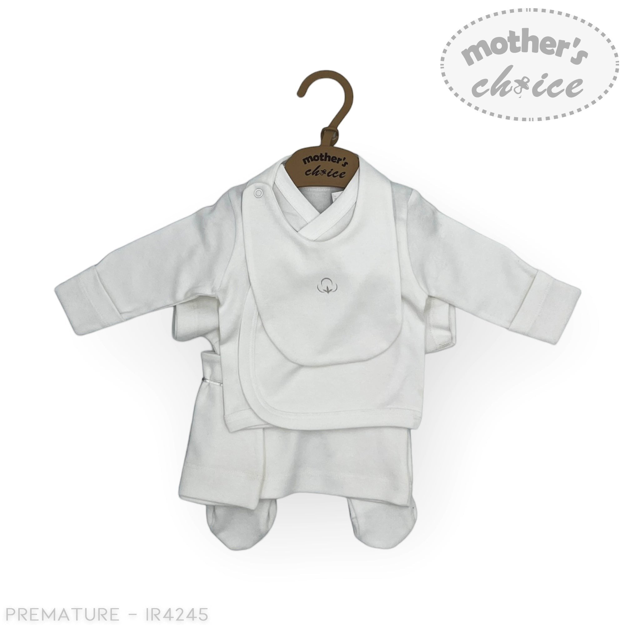 White baby outfit set on a hanger with 'Mother's Choice' branding.