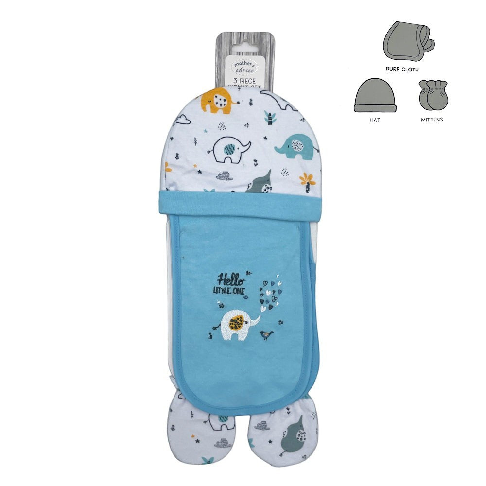 Baby clothing set with hat, bib, and mittens on a white background