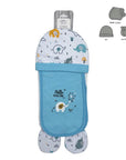 Baby clothing set with hat, bib, and mittens on a white background