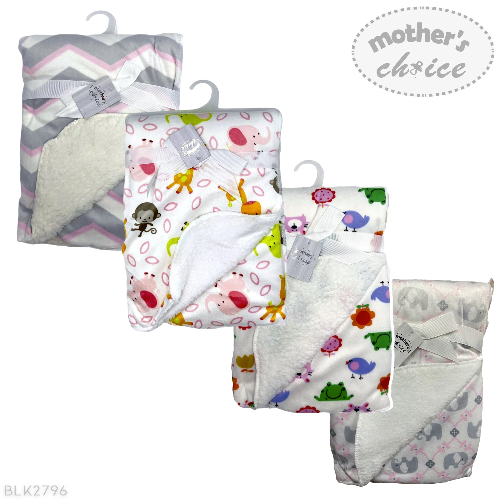 Set of baby blankets with various patterns on hangers, featuring 'Mother's Choice' brand.