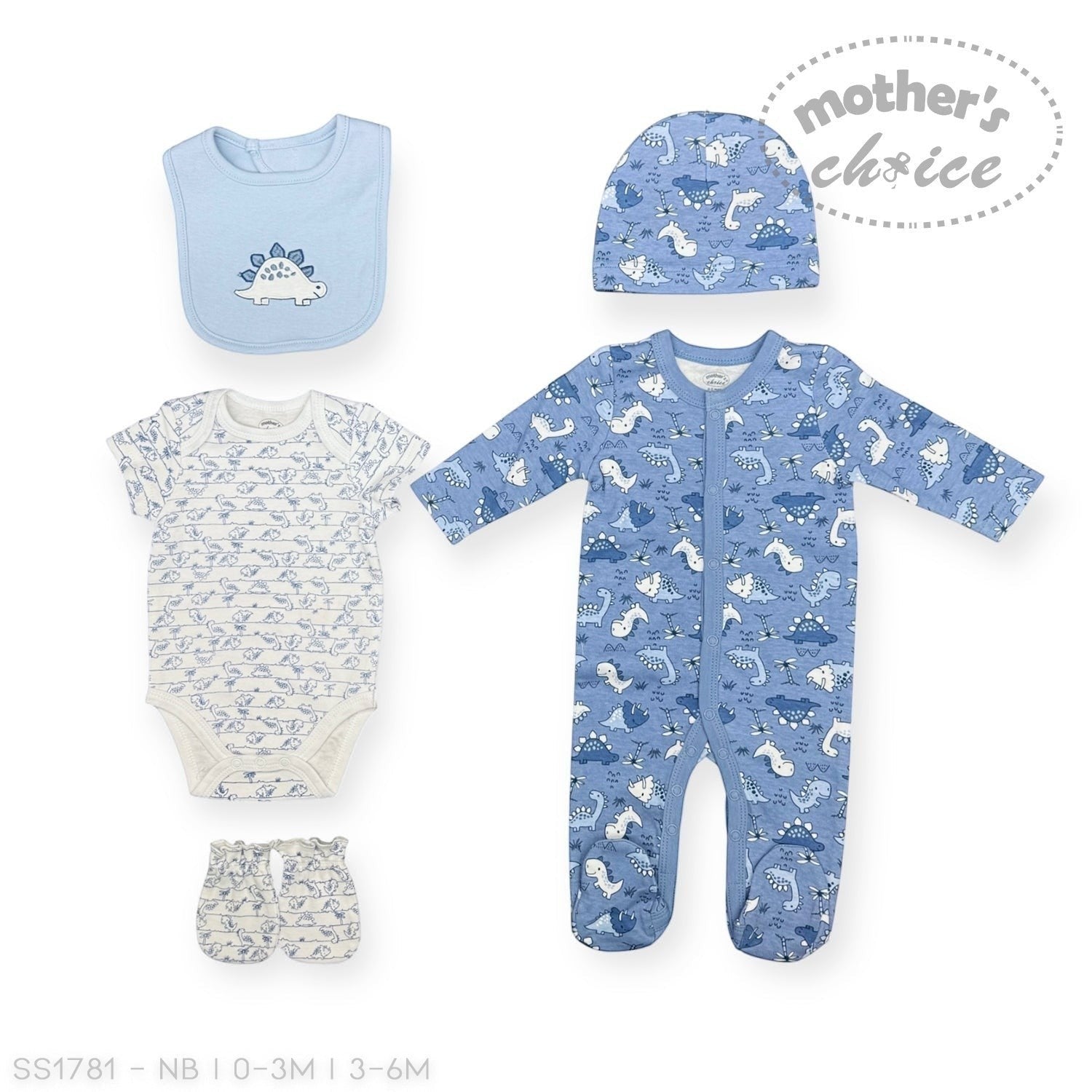 Collection of baby clothing items including a onesie, romper, bib, and hat on a white background with 'Mother's Choice' branding.