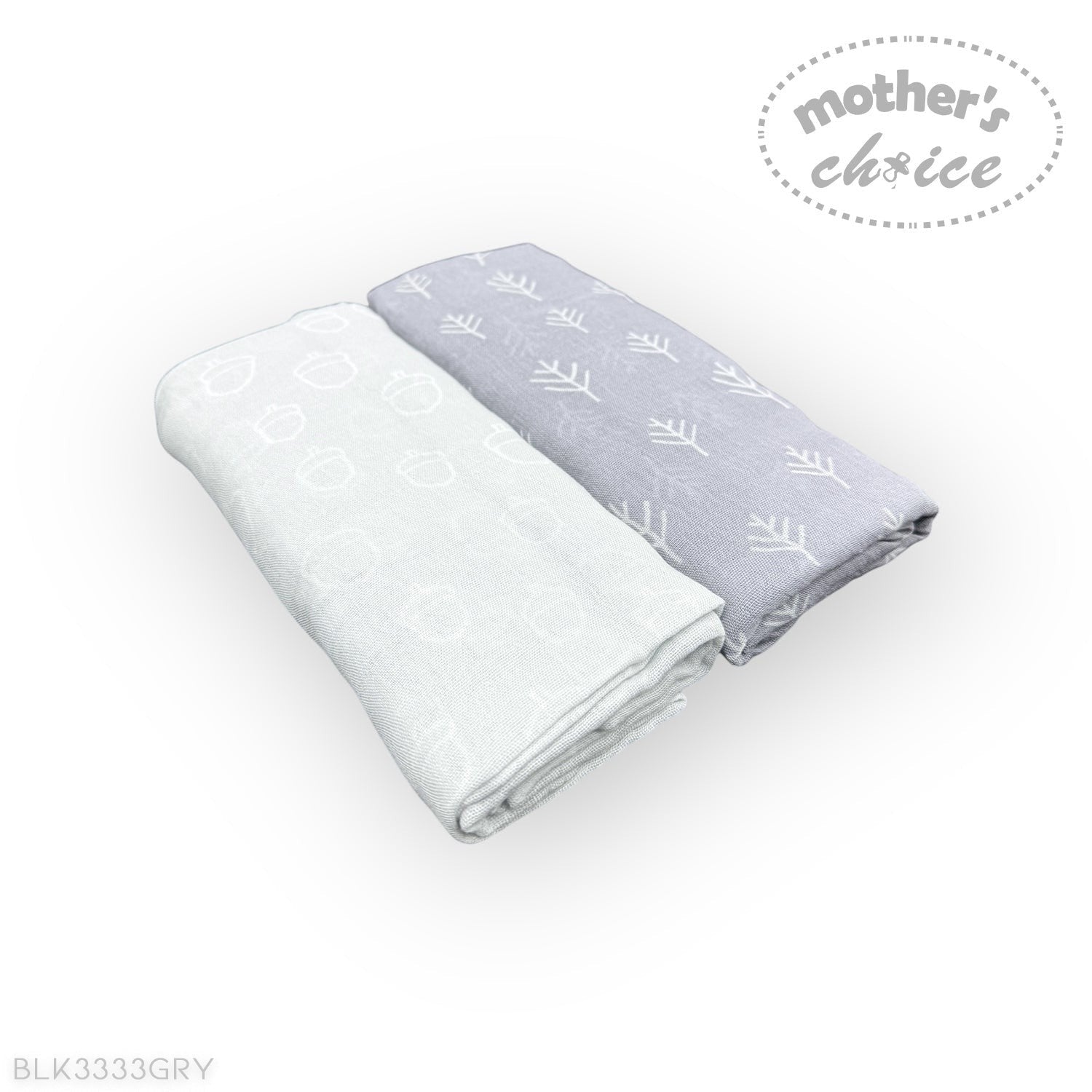 Folded baby blanket with white and gray pattern on a white background, featuring 'Mother's Choice' branding.