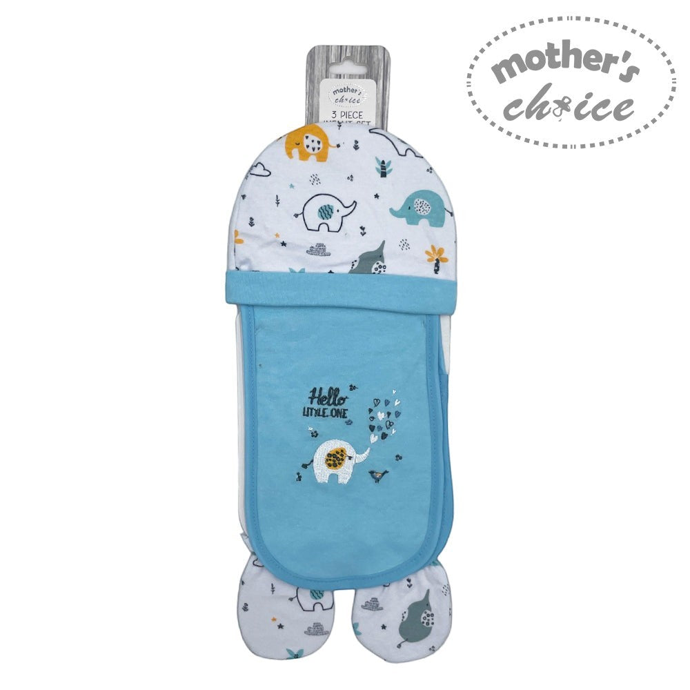 Baby swaddle with cartoon animals and 'Hello Little One' text, branded 'Mother's Choice'.