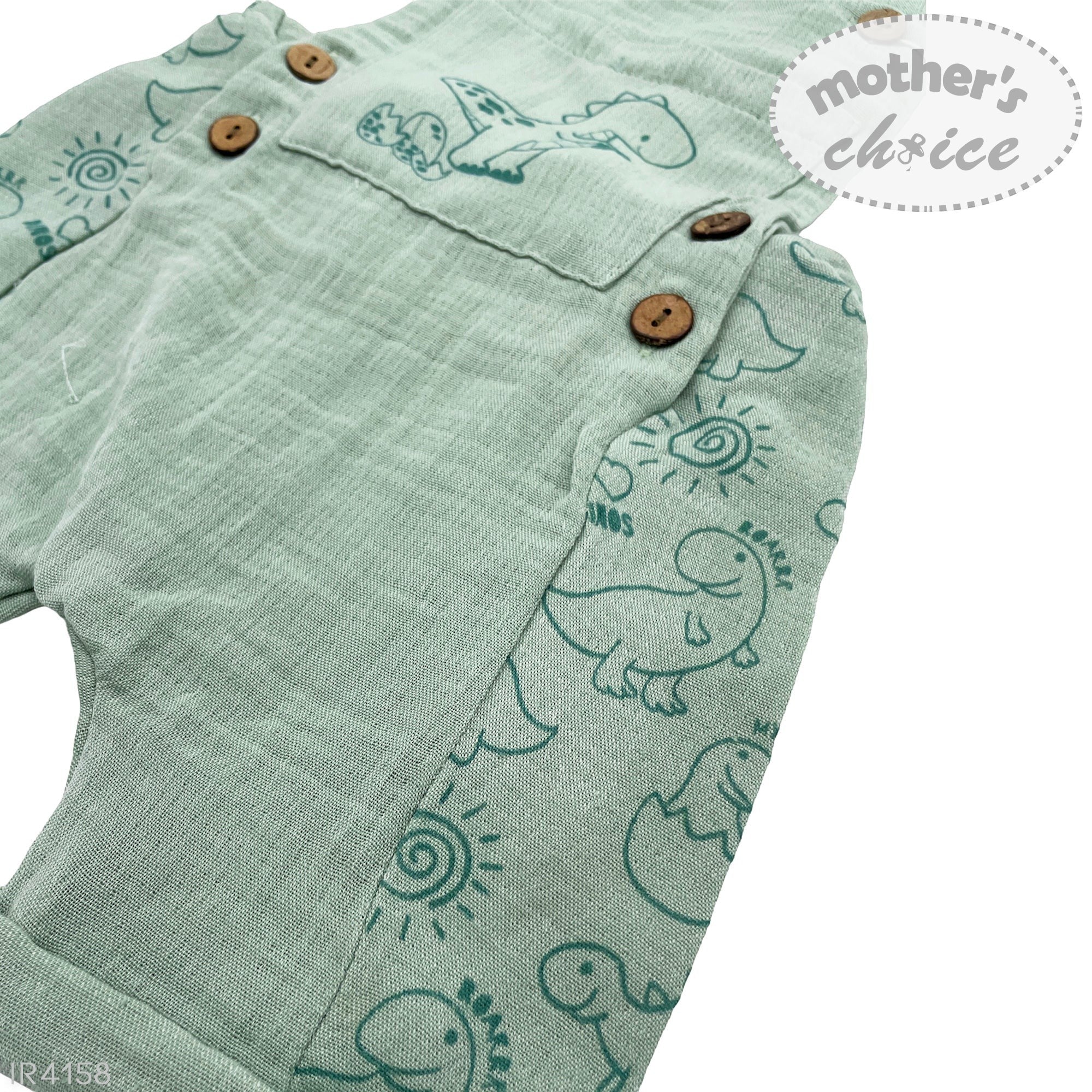 Green baby romper with dinosaur pattern and brown buttons, branded 'Mother's Choice'.