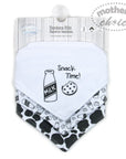 Stork And Baby 3 pack white cotton bandana bibs with black 'Snack Time' print, milk bottle, cookie, and cow print.