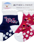 Two pairs of baby socks with floral patterns in packaging labeled 'Mother's Choice'.