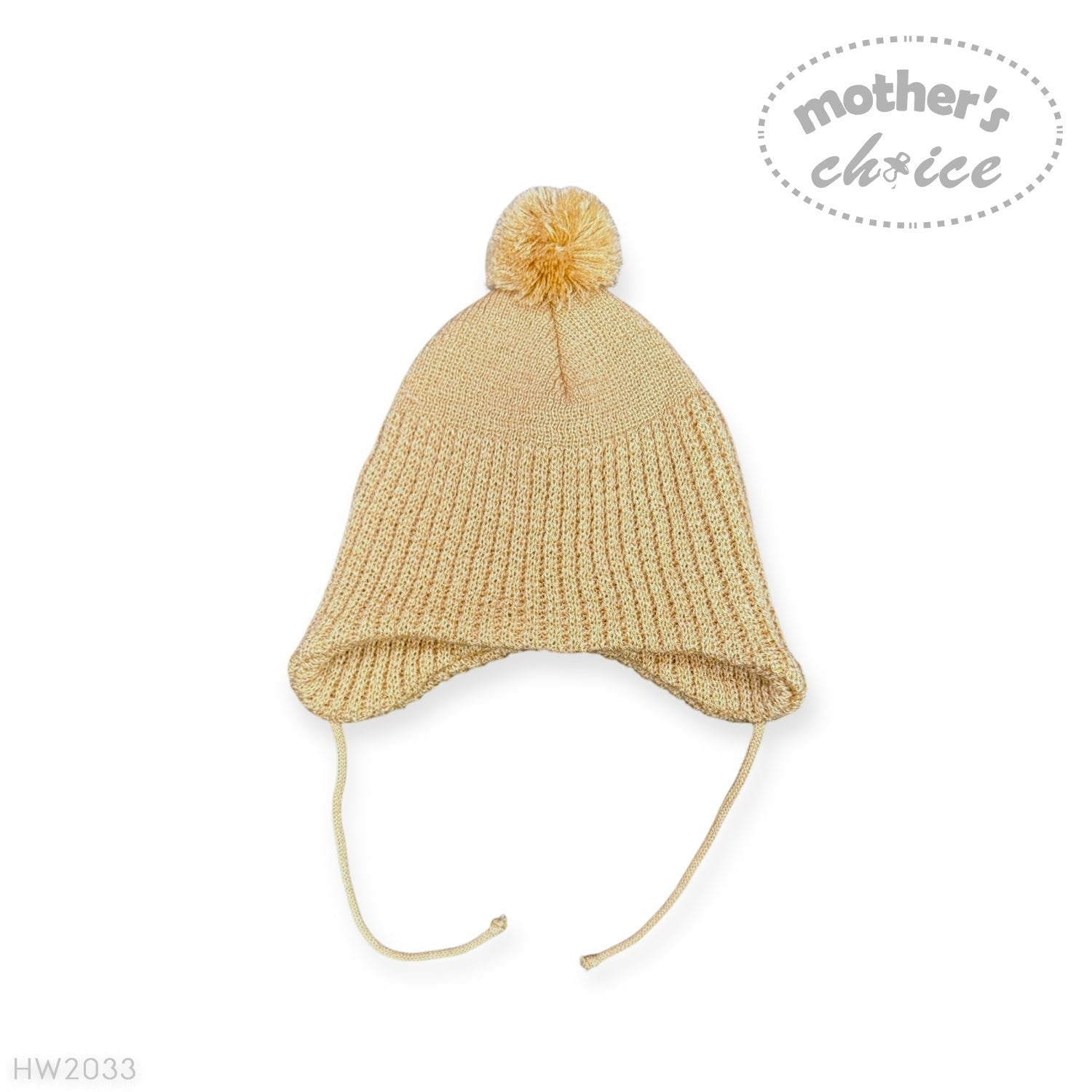 Beige knitted baby hat with a pom-pom on a white background, featuring 'Mother's Choice' branding.