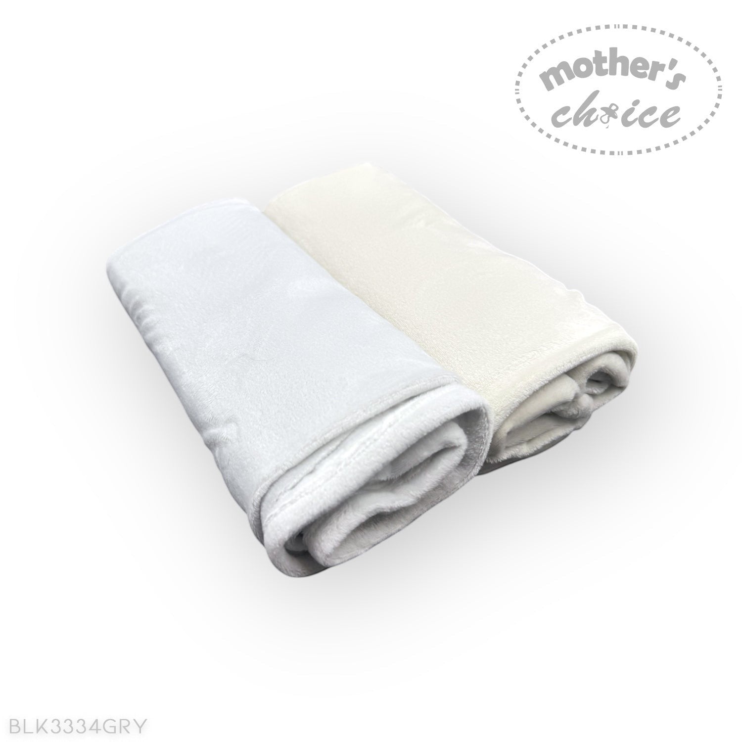 Folded gray and white blanket with 'Mother's Choice' branding on a white background