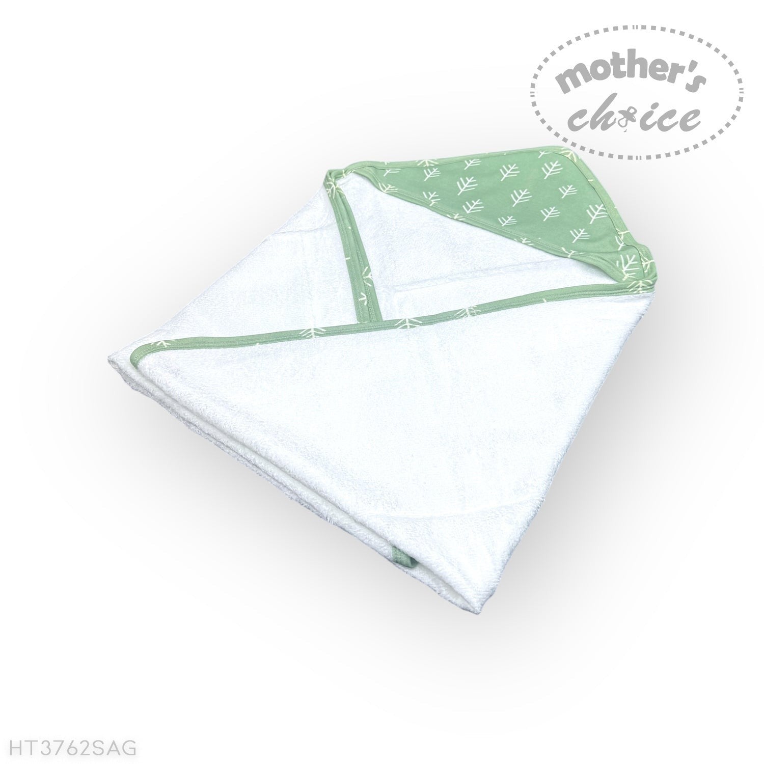 Baby blanket with green border and 'Mother's Choice' branding on a white background